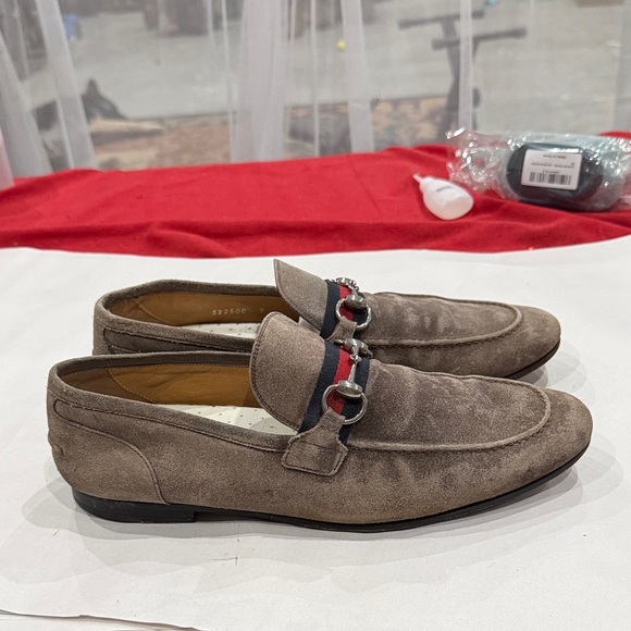 Gucci Taupe Suede Loafers with Signature Stripe